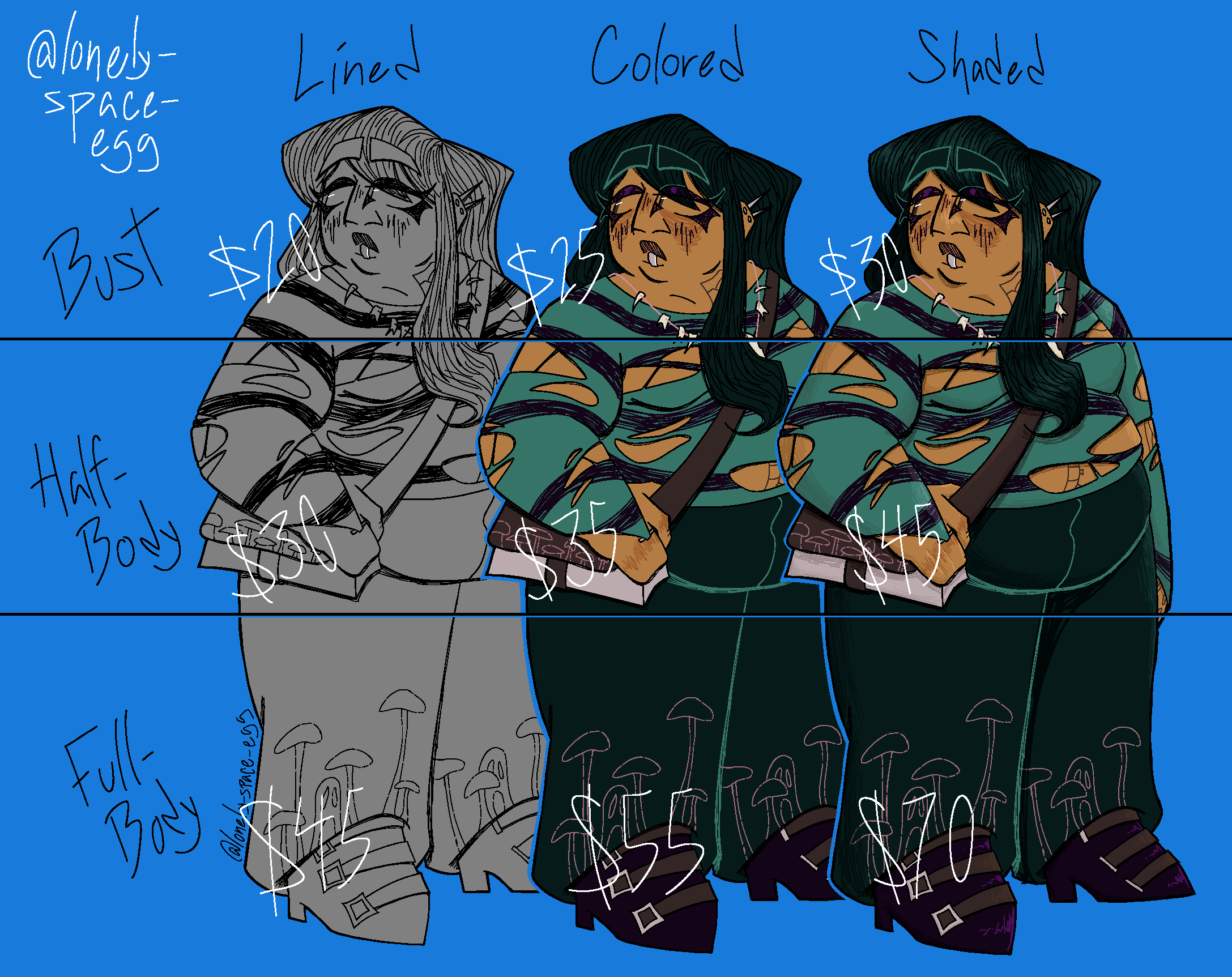 Commission price sheet with visual examples.